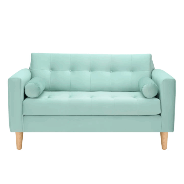 Sofá Retro Simple con respaldo capitoné y cojines cilíndricos en color azul