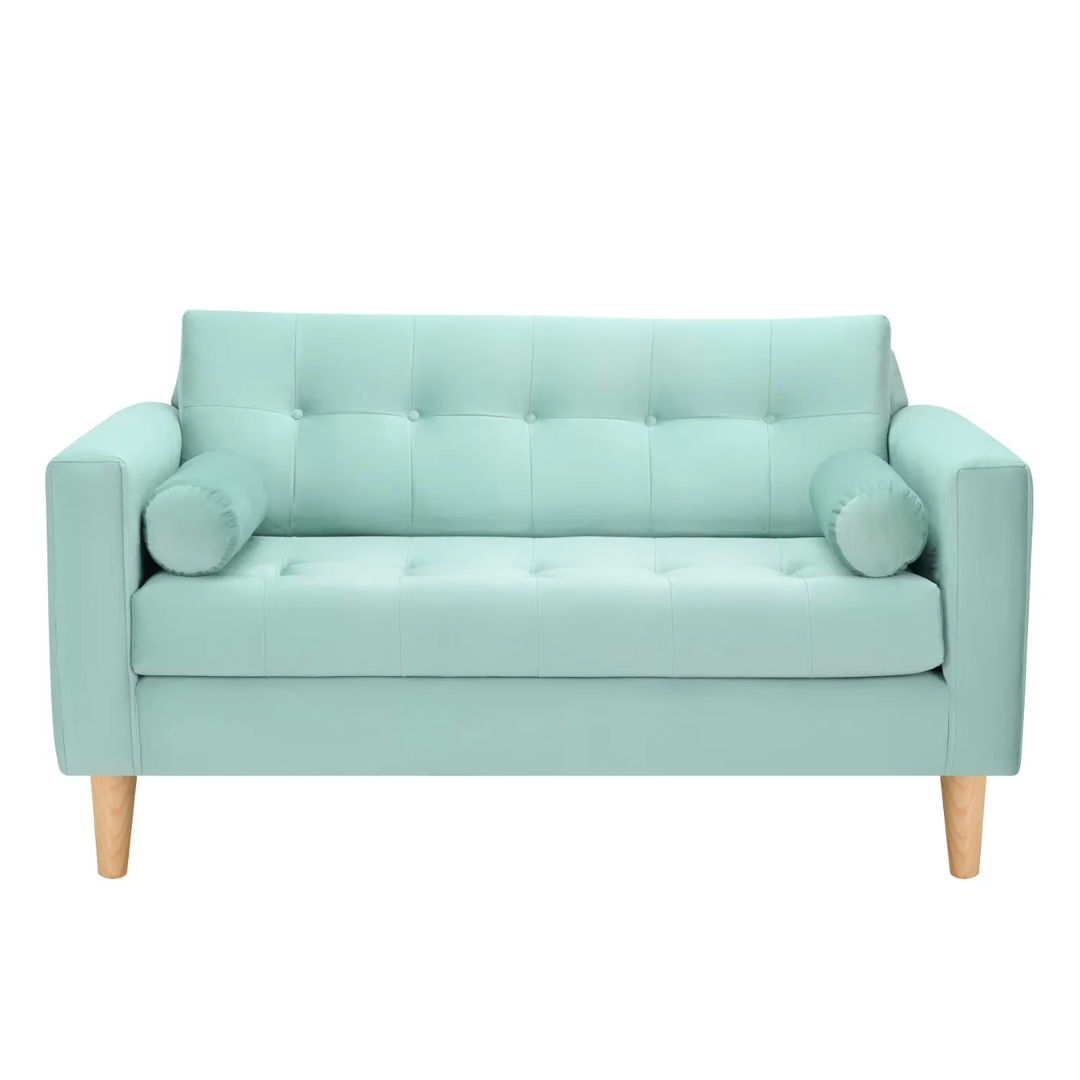 Sofá Retro Simple con respaldo capitoné y cojines cilíndricos en color azul