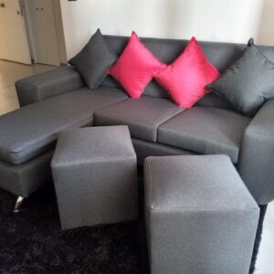 Living 3 Cuerpos en L Gris Medio con Detalles Rosados
