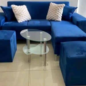 Living 3 Cuerpos Tipo L + 2 Puff – Color Azul Oscuro Metalizado