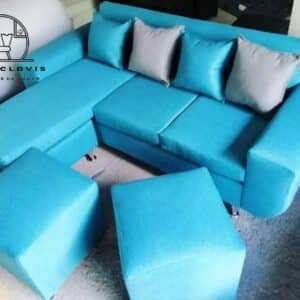 Living 3 Cuerpos en L + 2 Puff – Color Azul Turquesa