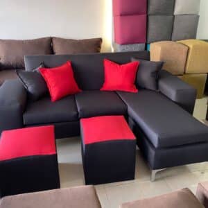 Living 3 Cuerpos en L + 2 puff con detalles en rojo
