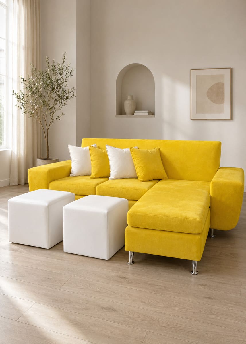 Living 3 cuerpos tipo L + 2 puff color Amarillo con blanco - Domusco