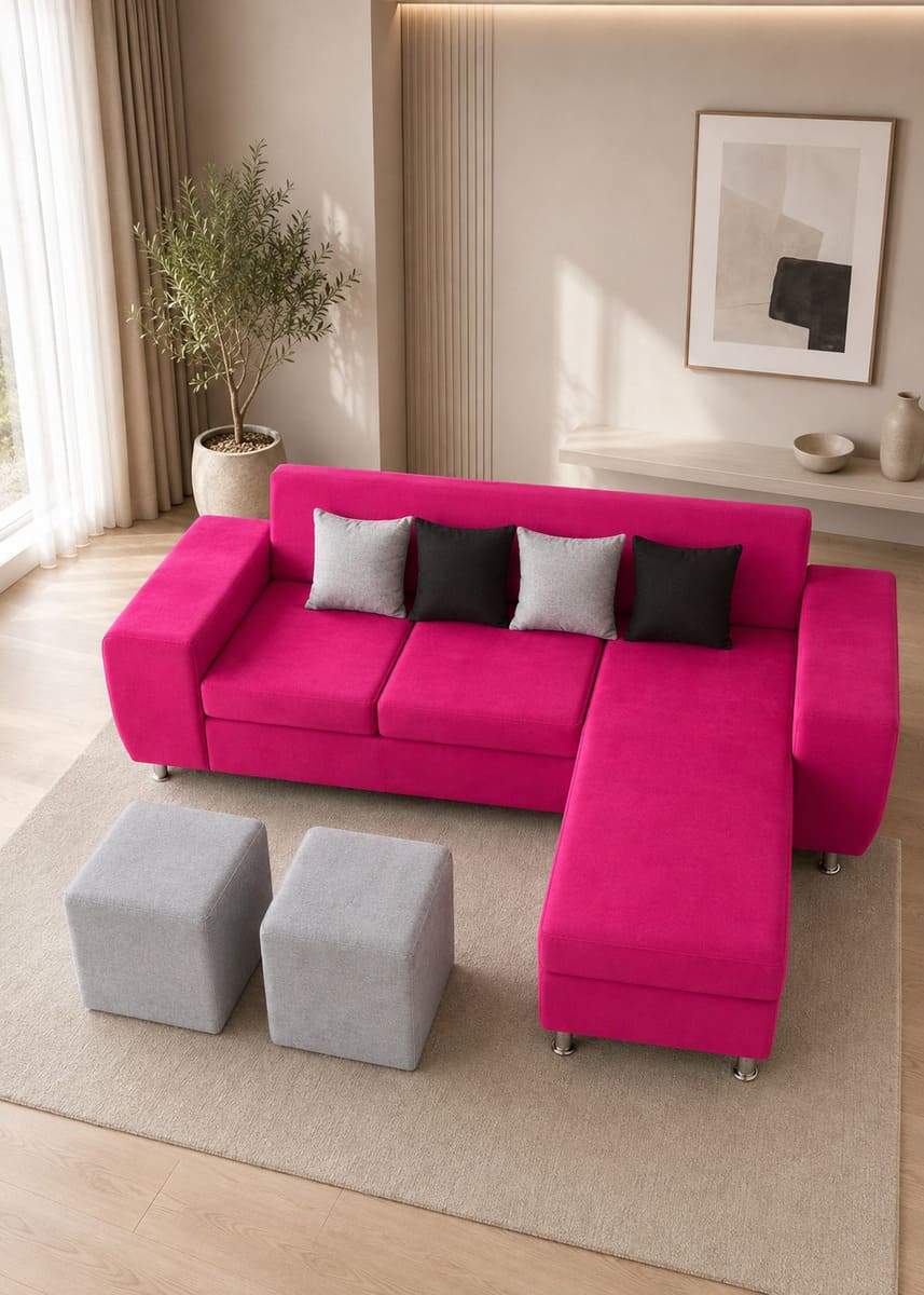 Living 3 cuerpos tipo L + 2 puff color Fucsia con gris y negro - Domusco
